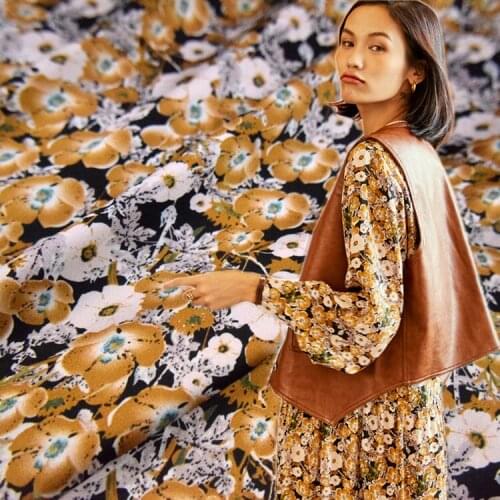 Vintage Copper Yellow Flower Twill Chiffon Fabric 100 % Polyester Printed Fabric Dress Shirt Clothing Fabric 2021 New