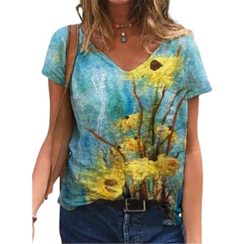 3D Sunflower Print Women Summer T Shirt Fashion V-Neck Streetwear Ladies Plus Size Loose Tops Casual Pullover Short Sleeve Tees