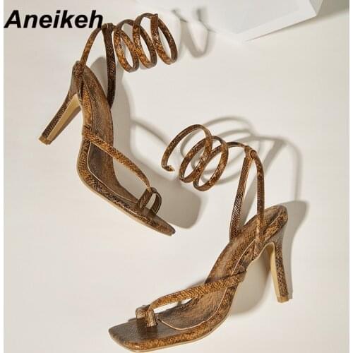 Aneikeh ROME Square Toe Thong Strange High Heels Sandalias Mujer NEW Classics Fashion Patent Leather Animal Prints Party Slip-On