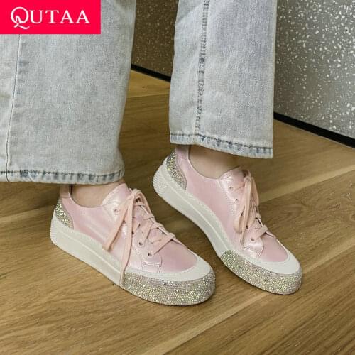 QUTAA 2021 Women Sneakers High Quality Genuine Leather Low Heels Lace Up Round Toe Platform Fashion Female Shoes Size 34-39