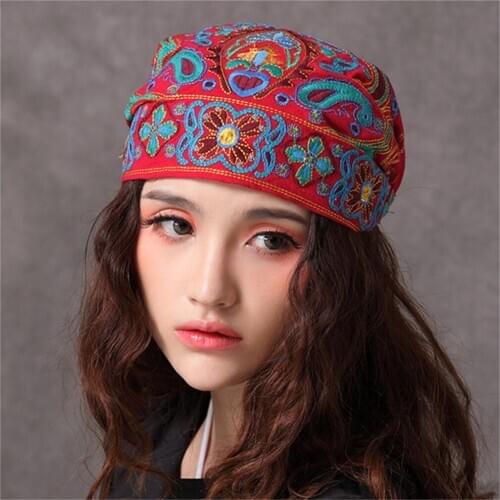 Women Mexican Style Ethnic Vintage Embroidery Flowers Bandanas Red Print Hat Winter Hats For Women High Quality Exquisite Hats