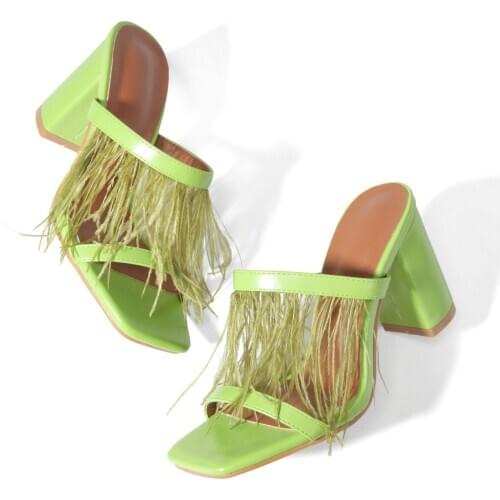 New Style String Bead Fringe Girls Summer Slippers Square Toe Low Cat Heels Woman Mules Runway One Strap Slippers Woman 2020