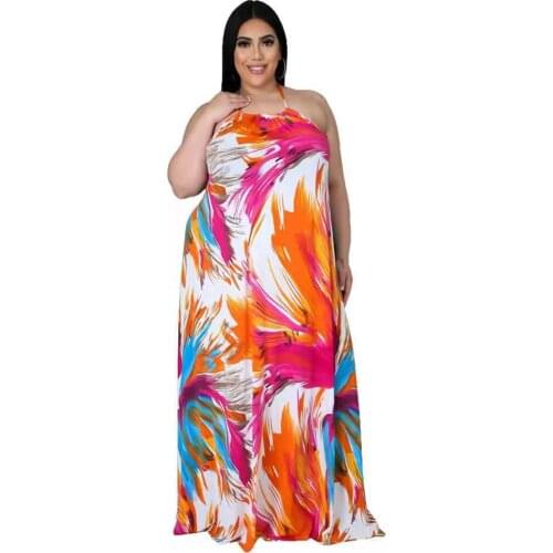 Echoine Plus Size Female Print Loose Halter Lace-up Backless Dress Bridesmaid Women Dress Beach Wear Drop Shipping 2021