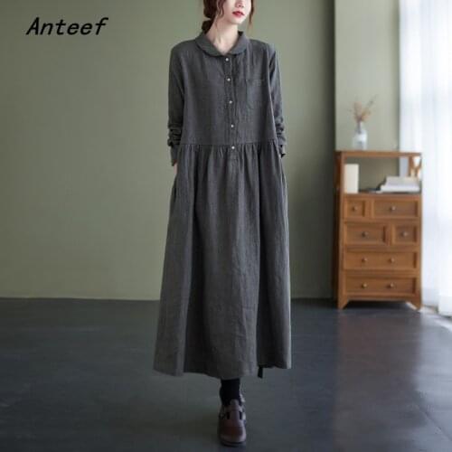 Anteef long sleeve cotton linen plus size vintage dresses for women casual loose spring autumn dress elegant clothing 2021