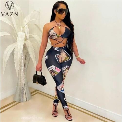 VAZN 2021 Print Holiday Lady Shinny Sexy Party Going Out Wear Two Piece Set Women Sleeveless Top And Long Pant Sets