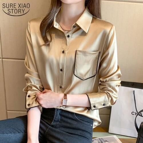 2021 Spring Korean Satin Silk Shirt Vintage Long Sleeve Blouse Women New Fashion Office Lady Clothes Pocket Fashion Tops Chic