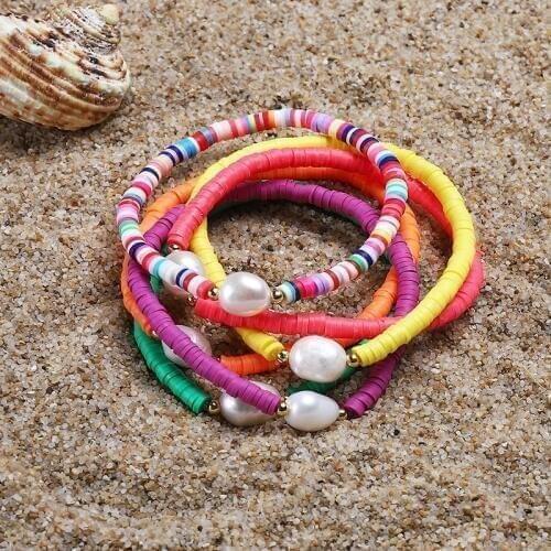 2020 New Design Clay Polyester Imitation Pearl Stretch Bracelet Fashion Hot Selling Beach Boho Elastic Bracelet For Women