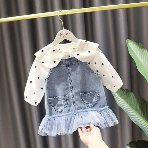 2021 Kids Baby Girls Suspender Skirt Suit Spring Summer Fashion Polka Dots Shirt Tops + Tulle Denim Dress 2Pcs Children Clothing