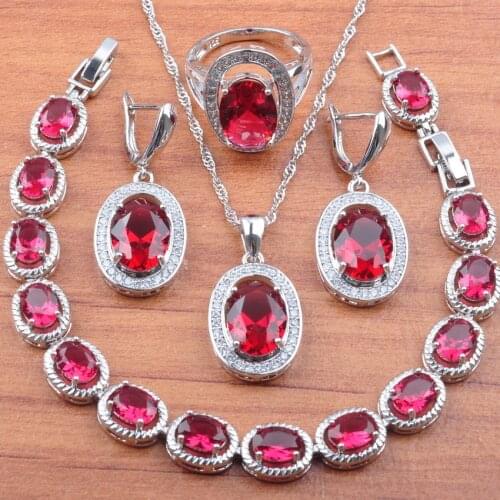 Exquisite Rose Red Crystal Wedding Jewelry Sets Party Costume Silver Color Pendant Necklace Ring Earrings Bracelet JS0116