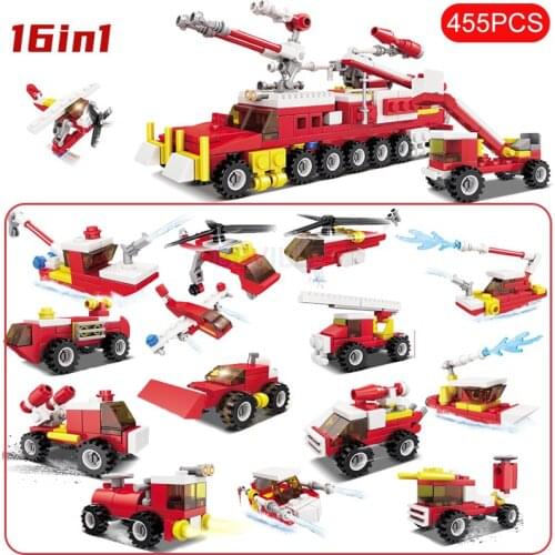 KAZI 455Pcs 16 IN 1 Fire Fighting Blisters Truck Building Blocks City Firefight Team Plane Helicopter Car Boat Bricks Kit Toys