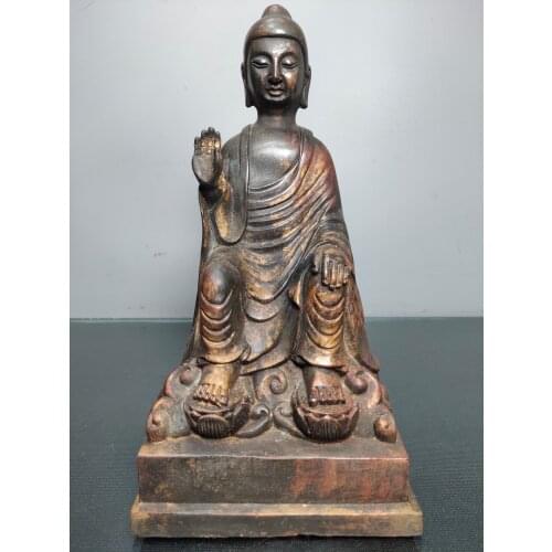 9"Tibet Temple Collection Old Bronze Cinnabar Lacquer Northern Wei Buddha Sakyamuni Bench buddha Ornaments Town House
