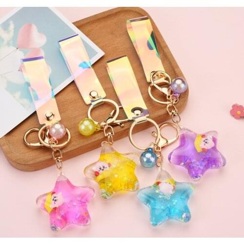 Creative Cartoon Liquid Quicksand Keychain Five Pointed Star Animal Floating Keyring for Women Charm Bag Pendant Key Kids Gift