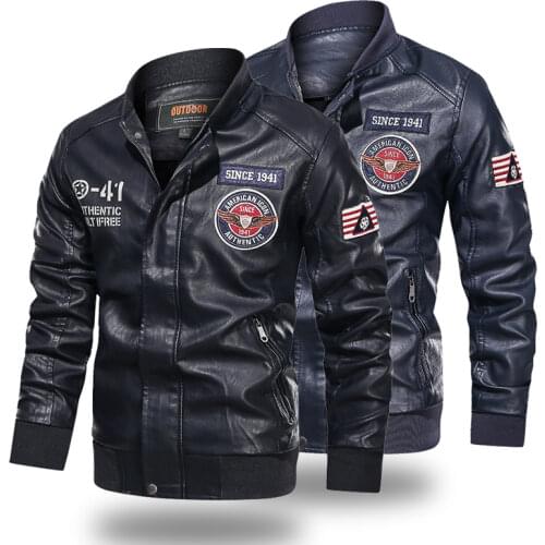 Leather Jacket Men Baseball Jacket Embroidered Pu Coats Mens Faux Bomber Pilot Fleece Jacket Man Stand Collar Biker Jacket Coat