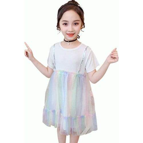 Summer Dress For Girls Rainbow Kids Party Dresses For Girls Cute Kids Ruffles Dresses Patchwork Childrens Costumes For Girls