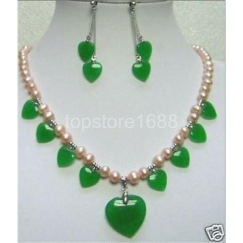 Fashion 7-8mm white pearl & green/red jade necklace earring set