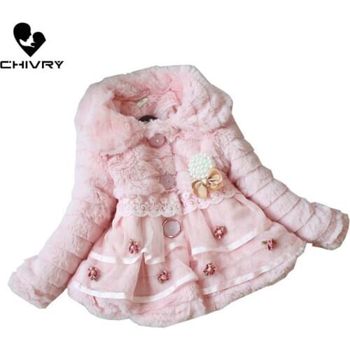 New 2020 Girls Fashion Faux Fur Coat Winter Warm Thicken Bow Decor Solid Jackets Overcoat Kids Children Girls Outerwear Clothing