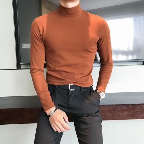 Autumn and Winter Mens Fashion Plus Velvet Warm Casual High Collar Long-sleeved T-shirt Male Solid Color Slim Bottoming Shirts