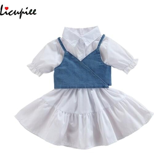 1-6 Years Baby Girl Dresses Baby Short Sleeve Dress + Denim Vest Simple Style Adjustable Bandage with Ruffle Decoration Summer