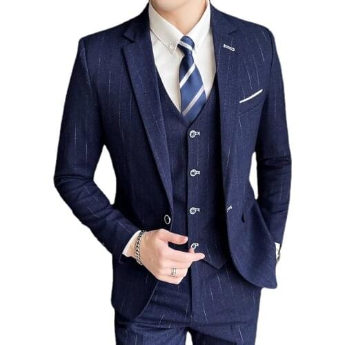 Blazer + Vest + Pants Groom Wedding Dress Stage Performance Mens Formal Striped Suit 3 Pce & 2 Pce Set Male Slim Business Suit