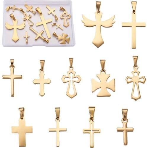 Kissitty Golden Stainless Steel Cross Pendants Tibetan Style Alloy Pendants Charm DIY Jewelry Necklace Earrings Findings Making