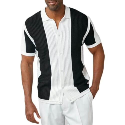 New Men Turn-down Collar Slim Shirt Patchwork Buttons Ribbing Short Sleeve Breathable Knitted Shirt Office Streetwear Tops