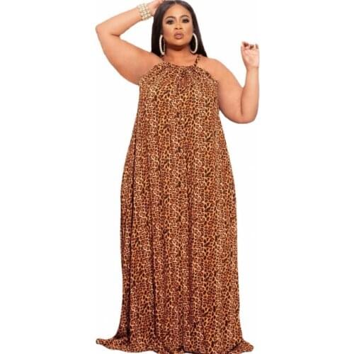 Leopard African Maxi Dress Women Lace Up Halter Backless Loose Boubou Summer Casual Sexy Beach African Dress Robes 5XL Plus Size