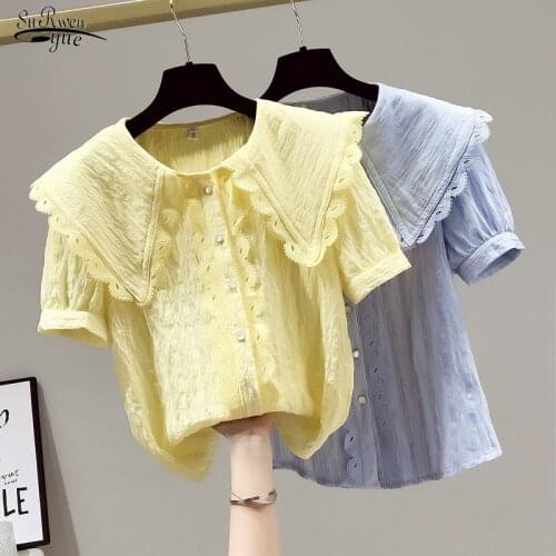 Doll Collar Folds Girlish Jacket Summer Fashion Chiffon Blouse Women Short Sleeve Shirt Janpenese Style Cute Buttons Shirt 15136