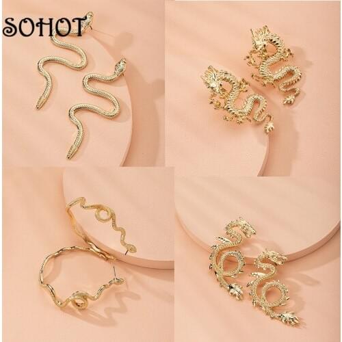 SOHOT Various Irregular Snake Dragon Shape Alloy Gold Color Women Stud Earrings Chic Wholesale Cute Animal Female Jewelry Bijoux