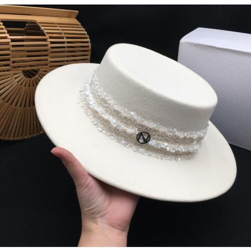 Europe and the United States the new contracted white flat-roofed hat female celebrities retro elegant wool fedoras panama