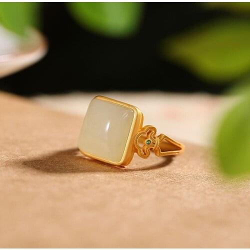 Hetian Jade Real Jade Ring S Silver Plated Natural Hetian Jade Ring Retro Ruyi Open Female Ring
