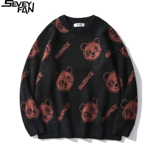 SEVEYFAN Cartoon Bear Jacquard Sweater Mens Fashion Loose O Neck Pullover Knitwear Hip Hop Sweaters for Couples