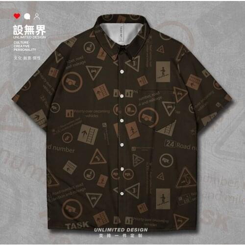 Retro color matching warning logo Nicai color Short-Sleeved shirt Short Sleeve button up clothing cardigan Tops Summer Clothes