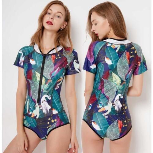 Womens Rashguard Short Sleeve UV Protection One Piece Surfing Swimsuit Swimwear Bathing Suits Printed High Neck Rash Gurad