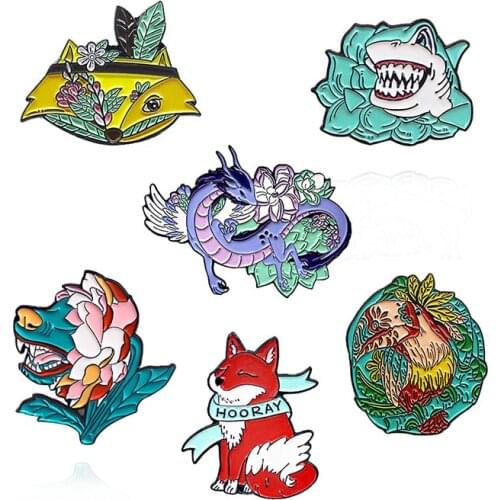 Cartoon animal fox shark dog Loong Sunbird Enamel Brooch flower Plant leaves Angel wings Lapel Pin Fun punk Badge Hooray