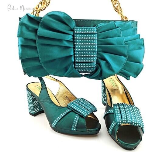 African Hot Selling Italian Design Nigerian Style Party Women Shoes and Bag Set Decorated With Narrow Band in Teal Color