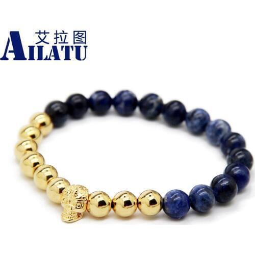 Aiatu Brand Fashion Copper Jewelry On Sale 8mm Blue Vein Stone Beads with Color Plated Yoga Skull Bracelet