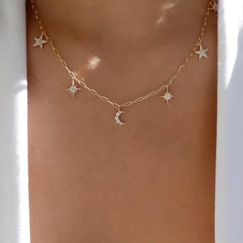 Jacoso Choker Multilayered Necklace Simple Elegant Vintage Crystal Star Moon Pendants Street PhotographyJewelry For Women Gifts