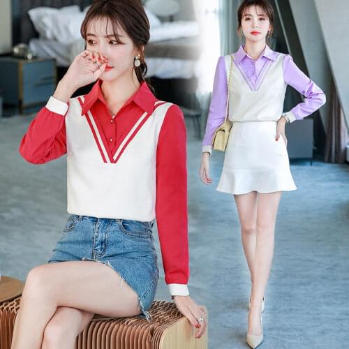 Hit Color Fake Two-piece TShirts Womens Summer 2021 New Long-sleeved Turn Down Colar Top Mujer Camisetas