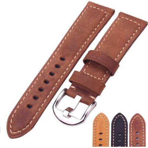 HENGRC Watchbands 22mm 24mm Italy Genuine Leather Watch Strap Black Brown Yellow Women Men Cowhide Wrist Band Belt Wiht Buckle