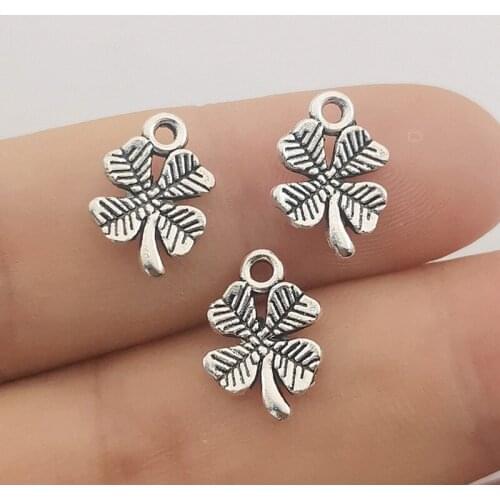 JINDINSP 30pcs Charms Lucky Irish Four Leaf Clover 14x10mm Tibetan Silver Color Pendants Antique Jewelry Making DIY Pendants