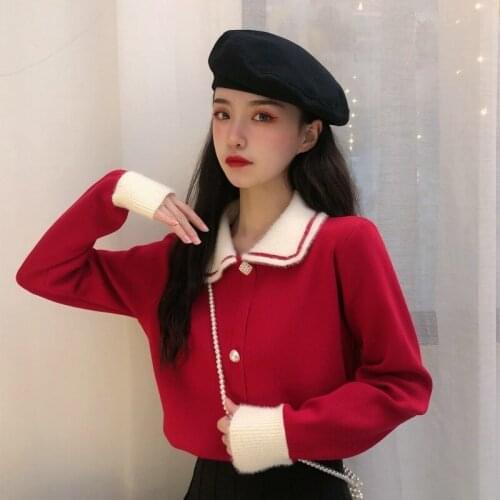 2021 Fashion Womens Knitted Cardigan Spring Autumn Solid Casual Doll Collar Single-breasted Cute Student Sweaters Coat Crop Top