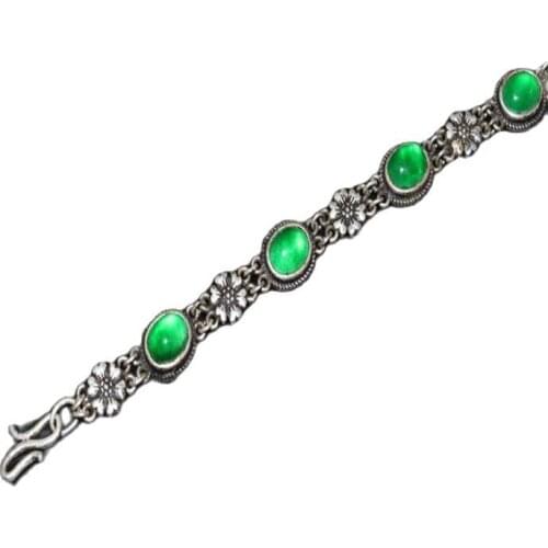 China old Tibetan silver inlaid with greenstone jade bracelet