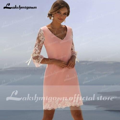 Vestidos de cocktail Lace Mother of The Bride Dress V Neck Half Sleeve Wedding Party Gowns Latest Blush Pink Party Gown
