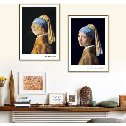 Creative Girl / Cat With A Pearl Earring Canvas Paintings Wall Art Pictrues On The Wall Poster Wall Painting Living Room Decor