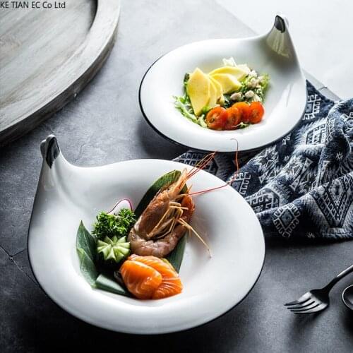 Creative Ceramic White Black Line Handle Plate Irregular Western Ramen Bowl Household 10 Inch Dessert Plate Restaurant Tableware