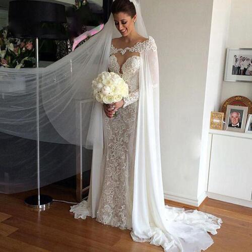 2019 Hot Sale Bridal Wraps White/ivory Chiffon Wraps Appliques Lace Wedding Jacket Bridal Cloak Lace Bridal Dresss Cape