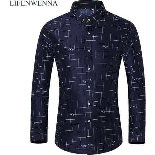 LIFENWENNA Spring Mens Casual Shirt New Fashion Geometric Print Long Sleeve Shirts Men Plus Size Holiday Business Office Shirts