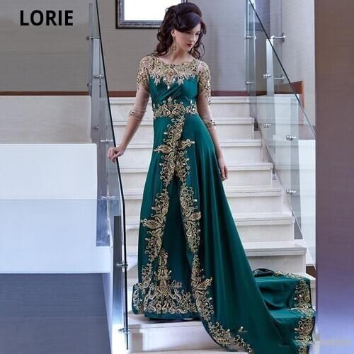 LORIE Hunter Green Moroccan Kaftan Dubai Evening Dresses Gold Lace Applique Velour Saudi Arabic Muslim Party Gowns Abendkleider