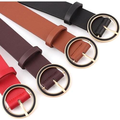 Fashion Women Belt Solid Black Round Shape Buckle Waist Belt Casual Leather Belts For Men Women Strap Brand Classic Belt