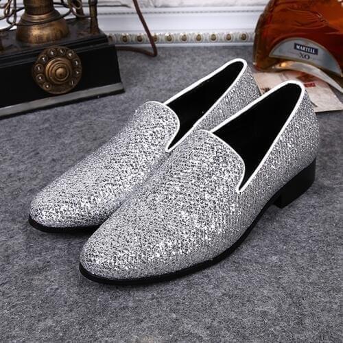Mens Silver Flat Wedding Shoes Slip On Men Loafers Shoes Pointed Toe Dress Shoes